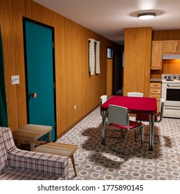 3D Rendering Of An Old Style Mobile Home Trailer Kitchen Interior