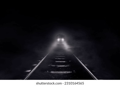 3D Rendering Old trains run through at night on black background
