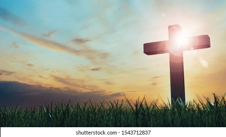 3D Rendering of old wooden cross on grass hill with dramatic ray lights from sky. Concept of Jesus Christ cross, Easter, resurrection, crucifixion, Ascension day - Powered by Shutterstock