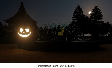 3d rendering, On a dark Halloween night, only the light from the pumpkin lamp came out.