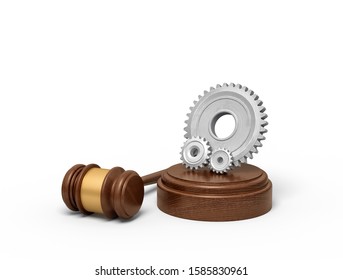 3d rendering of one big and two small light-grey gear wheels on sounding block with gavel lying beside. Court system. Judicial service. Standing trial.