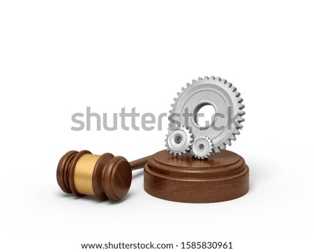 3d rendering of one big and two small light-grey gear wheels on sounding block with gavel lying beside. Court system. Judicial service. Standing trial.