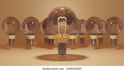 3d rendering One glowing light bulb amongst the unlit incandescent bulbs on  background One glowing light bulb standing out from the unlit incandescent bulbs on background