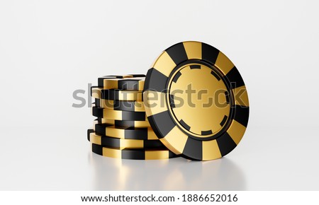 3D rendering of online casino chips stack isolated on white background abstract. Gamble concept.  Black and golden casino game.