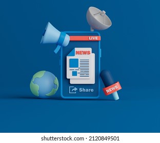 3d Rendering Online News Application On Smartphone. Mobile Phone With Newspaper Icon, Megaphone, Globe, News Reporter Microphone And Satellite Dish.