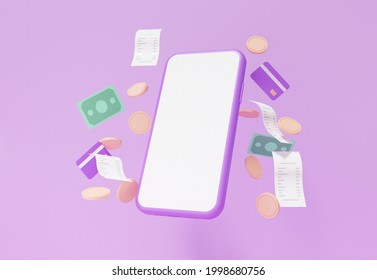 3D Rendering Online Payments Coin And Banknotes Bill Money Floating On Smartphone Blank White Screen Transaction Concept. Payment Internet Banking On Purple Background Cartoon Style Illustration