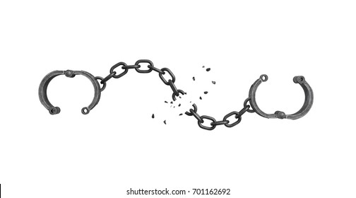3d rendering of open arm shackles hanging on white background with a broken chain. Tear down all walls. Freedom of life. Unlimited future.