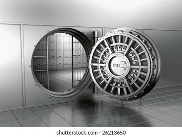 3d rendering of an open bank vault
