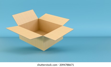 3D rendering of an open cardboard box on a blue background