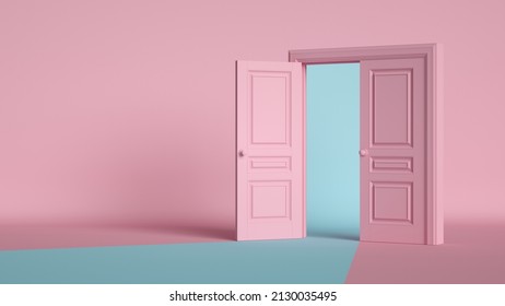 3d Rendering, Open Double Doors Inside The Pink Room. Architectural Or Interior Element. Modern Minimal Background. Dream Metaphor