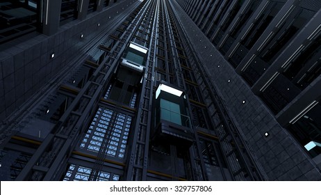 3d rendering. An open Elevator shaft at the business center