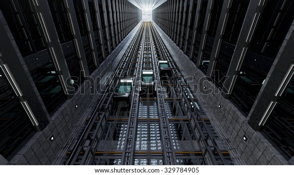 3d rendering. An open\
Elevator shaft