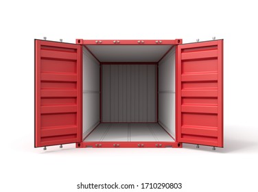 3d Rendering Of Open Empty Red Barge Container With White Insides Standing Isolated On White Background. International Shipping Trade. Intermodal Freight Transport.