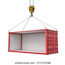 3d Rendering Of Open Empty Red Open-side Cargo Container Suspended From Crane Isolated On White Background. International Shipping. Intermodal Freight Transport.