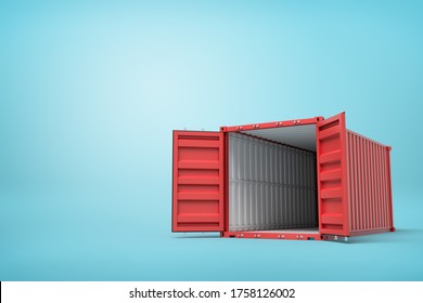 3d Rendering Of Open Empty Red Barge Container With White Insides On Blue Background. International Shipping Trade. Intermodal Freight Transport.