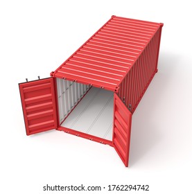 3d Rendering Of Open Empty Red Barge Container With White Insides Standing Isolated On White Background. International Shipping Trade. Intermodal Freight Transport.