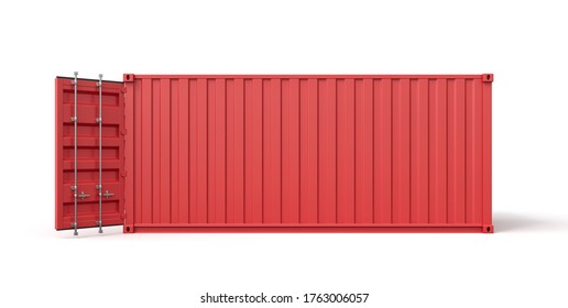 3d Rendering Of Open Empty Red Barge Container With White Insides Standing Isolated On White Background. International Shipping Trade. Intermodal Freight Transport.