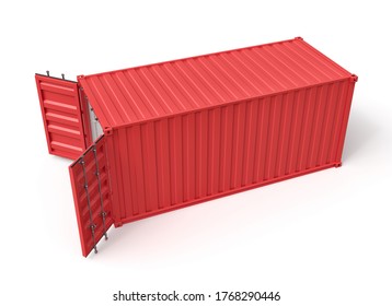 3d Rendering Of Open Empty Red Barge Container With White Insides Standing Isolated On White Background. International Shipping Trade. Intermodal Freight Transport.