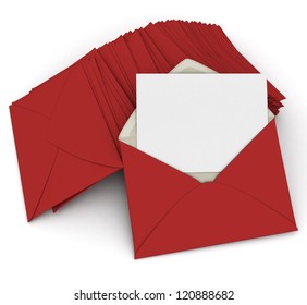 3D Rendering Of An Open Envelope And A Blank, Card On Top Of A Pile Of Closed Red Letters