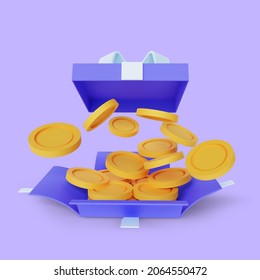 3D Rendering Of Open Gift Box Suprise, Earn Point Concept, Loyalty Program And Get Rewards, Isolated On Purple Background