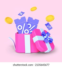 3D Rendering Of Open Gift Box Surprise, Earn Point Concept, Loyalty Program And Get Rewards, Isolated On Pink Background