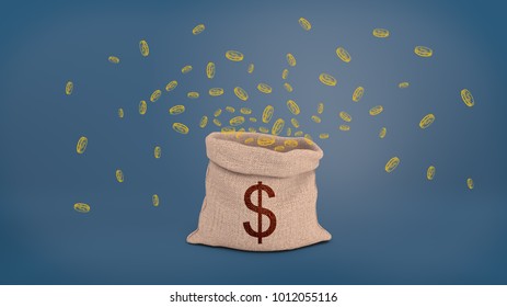 3d rendering open hessian sack and dollar sign stands blue background while many drawn yellow coins fly out it  Money bag  Sack full cash  Lottery   easy earnings 