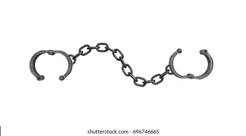 3d Rendering Of Open Iron Shackles On A Thick Chain Lie Open On White Background. Breaking Out Of Routine. Restrictive Thoughts. Freedom Of Mind.