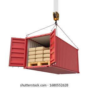 3d Rendering Of Open Red Cargo Container Almost Full Of Packages, Suspended From Crane, Isolated On White Background. Transshipment. Intermodal Freight Transport. International Shipping.