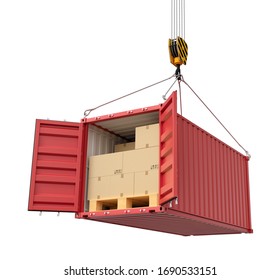 3d Rendering Of Open Red Cargo Container Full Of Cardboard Packages, Suspended From Crane, Isolated On White Background. Transshipment. Intermodal Freight Transport.