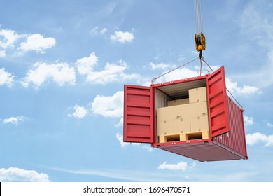 3d Rendering Of Open Red Cargo Container Full Of Cardboard Packages, Suspended From Crane. Transshipment. Intermodal Freight Transport.