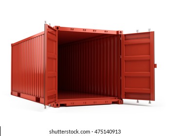 3d Rendering Of Open Red Cargo Shipping Container Against A White Background