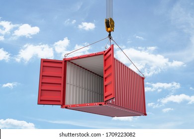 3d Rendering Of Open Red Shipping Container Suspended From Crane Against Blue Sky With White Clouds. International Shipping Trade. Intermodal Freight Transport. Global Trade.