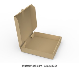 3d rendering open right tilt blank brown pizza box, isolated white background, elevated view 