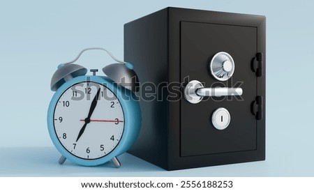A 3d rendering of open safe and an alarm clock on a white background.