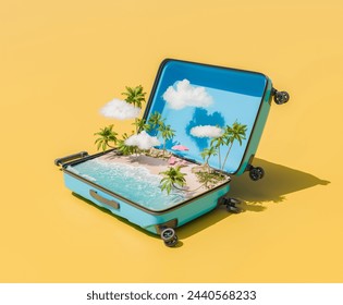 3D rendering of an open suitcase with a miniature tropical beach scene complete with palm trees, beach umbrella, and surf. Holiday getaway concept. - Powered by Shutterstock