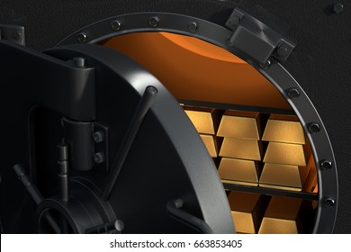 A 3D rendering from an open vault with gold bullions