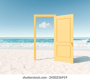 3D rendering of an open yellow door on a sandy beach leading to a turquoise ocean. Concept of summer and tropical holidays - Powered by Shutterstock