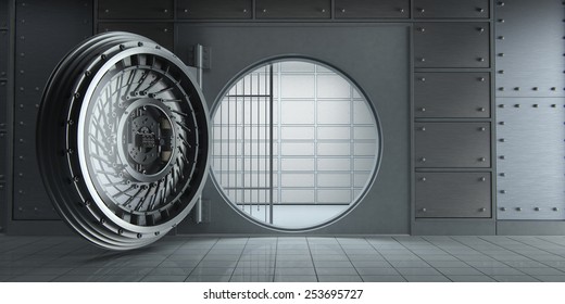 3d rendering of an opened huge empty bank vault front view
