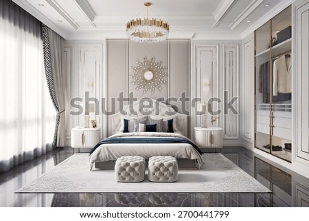 3d rendering of an opulent and elegant master bedroom featuring a tufted headboard, classic wall paneling, a crystal chandelier, and a glass wardrobe