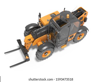 3D Rendering Orange Front View Telescopic Loader On White Background With Shadow