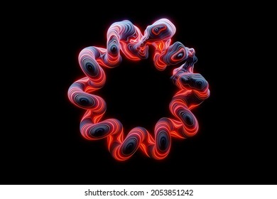 3D rendering orange glowing neon round fractal, portal on black isolated background