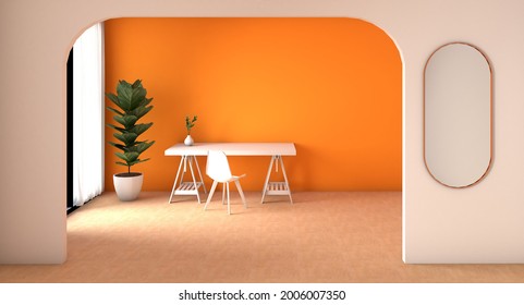 3d rendering of orange interior working room. Work from home or remote working is a new trend for work.