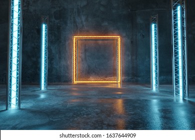 3d rendering of orange lighten square shape next to metal truss and blue light panels with puddles