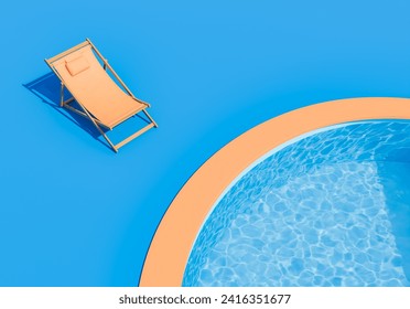 3D rendering of an orange lounge chair beside a circular blue pool with clear water, set against a solid blue backdrop, minimalist summer vacation concept. - Powered by Shutterstock