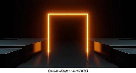 3d Rendering Of Orange Neon Glowing Spaceship Corridor Black Background. Scene For Advertising, Showroom, Technology, Future, Modern, Sport, Game, Metaverse, Warehouse, Garage. Sci Fi Illustration