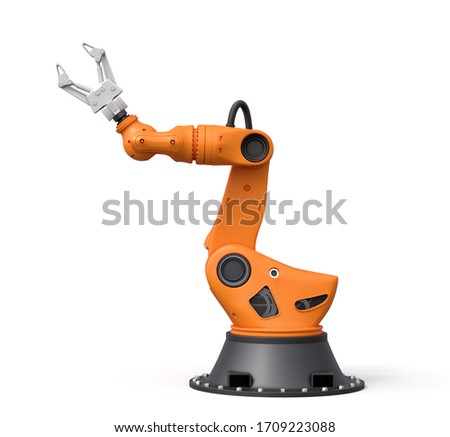 3d rendering of orange robotic arm with grey gripper standing on white background. Advanced technology. Automated industry. Industrial equipment.