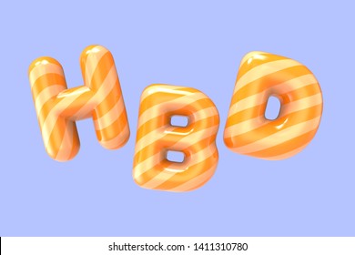 3d rendering orange striped HBD foil balloon phrase on purple background