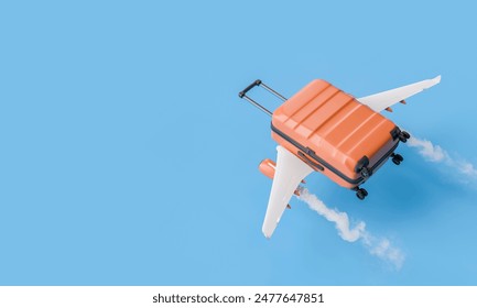 3D rendering of an orange suitcase with airplane wings, flying in the sky with vapor trails, set against a blue background. Travel and adventure concept. - Powered by Shutterstock