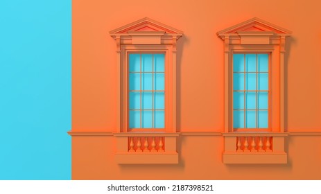 3D Rendering Of Orange Windows Front View. Neo Classical Architecture Design Against Blue Sky Background.