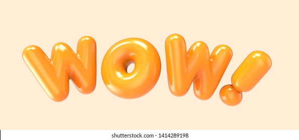 3d rendering orange WOW foil balloon phrase on light orange background